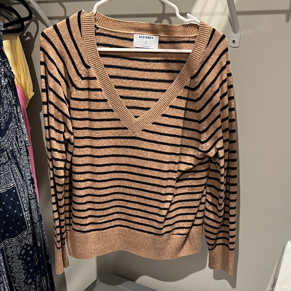 Old Navy Tan and Black Striped V-Neck Sweater